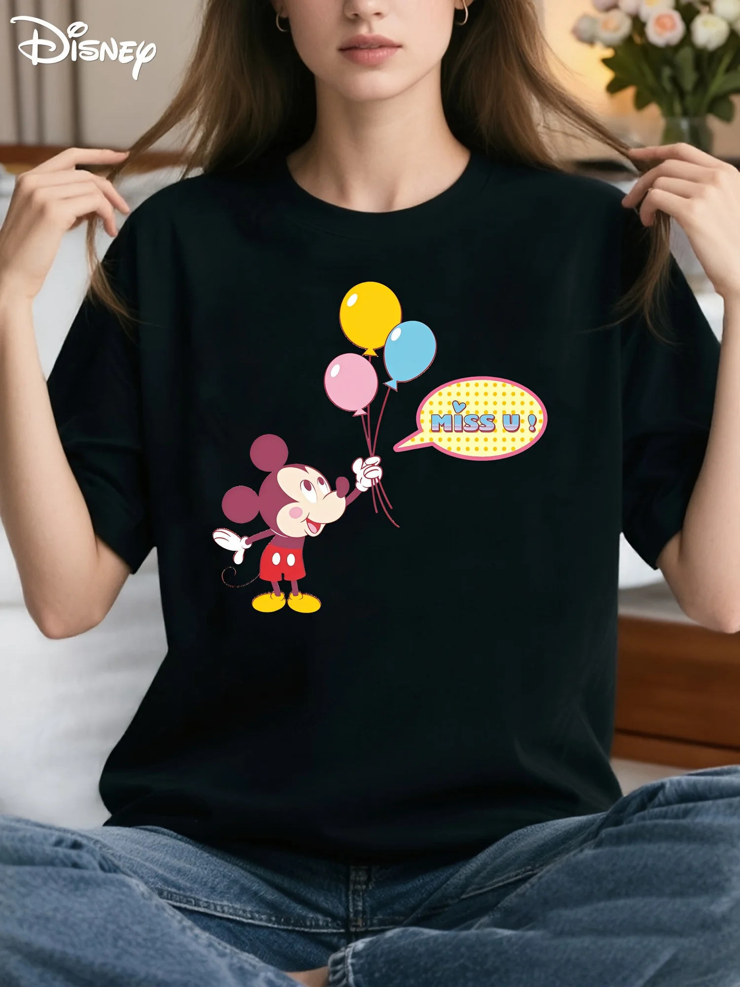 

Футболка с рисунком Микки и Минни Маус Disney — принт «Мини тебе» с пузырьками и воздушным шаром, мягкий повседневный круглый вырез с короткими рукавами