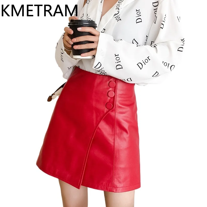 KMETRAM Genuine Leather Mini Skirt Real Sheepskin Women Clothes High Waist Leather Skirt New Autumn Women Skirts Юбка Женская