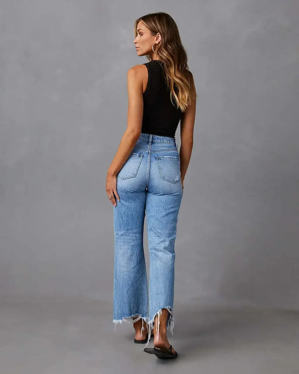 Jeans jeans de perna larga feminino, calça casual com comprimento do tornozelo, buracos lavando bolsos soltos, básico de borla, cor sólida, primavera