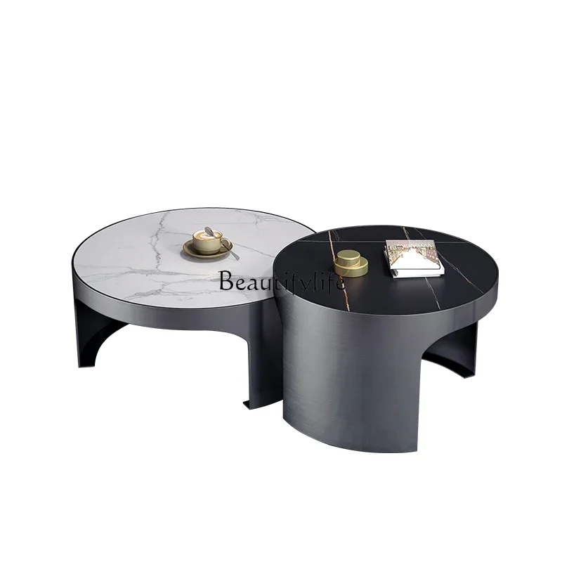 

Coffee table light luxury modern simple round rock slab marble minimalist large coffee table