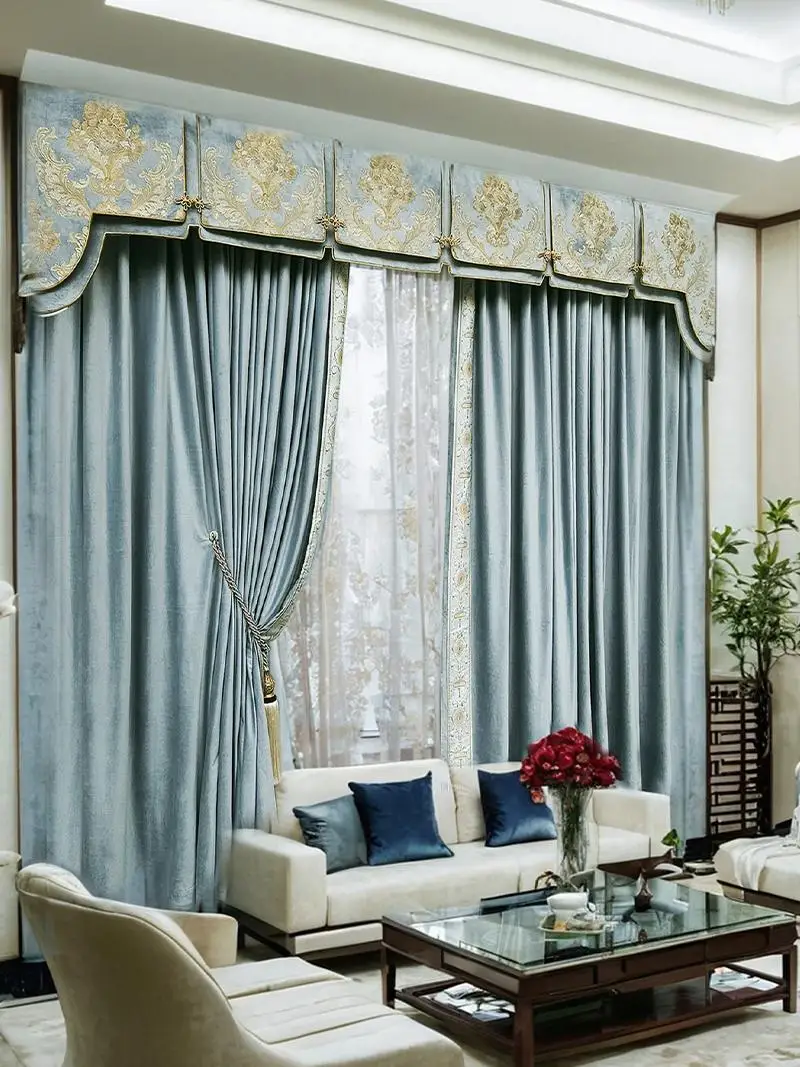 New Style Blue Embroidered Lace-spliced Velvet Curtains for Living Room Bedroom Villa French Window Customized Finished Product