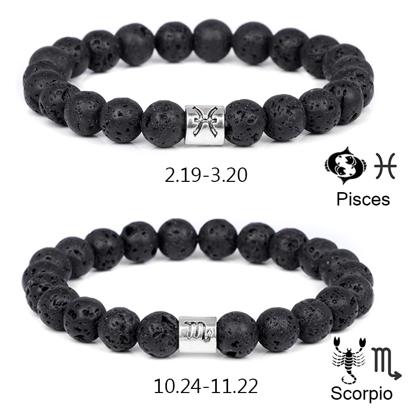 Black Volcanic Lava Rock Stone Bracelets 12 Constellations Zodiac Sign Charm Bangle Wristband Pisces Jewelry Gift For Women Men