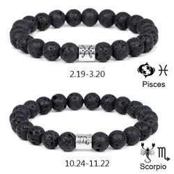 Black Volcanic Lava Rock Stone Bracelets 12 Constellations Zodiac Sign Charm Bangle Wristband Pisces Jewelry Gift For Women Men