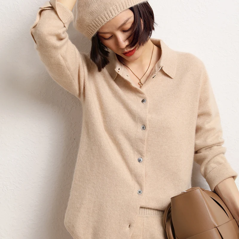 

Women's Lapel Cashmere Cardigan Spring Autumn Long Sleeved Solid Color Button Jacket Sweater Luxurious Wool Quality Wool KnitTop