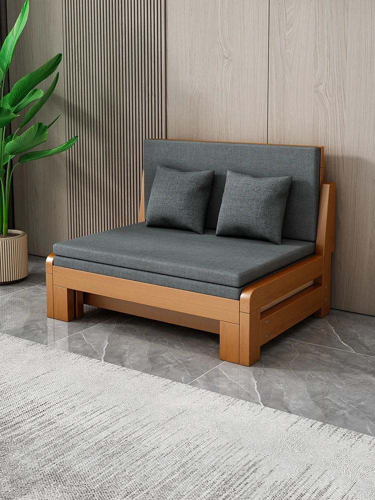 

Solid wood folding sofa bed small apartment living room multi-functional retractable solid wood bed 1.5 meters wide double bed 1
