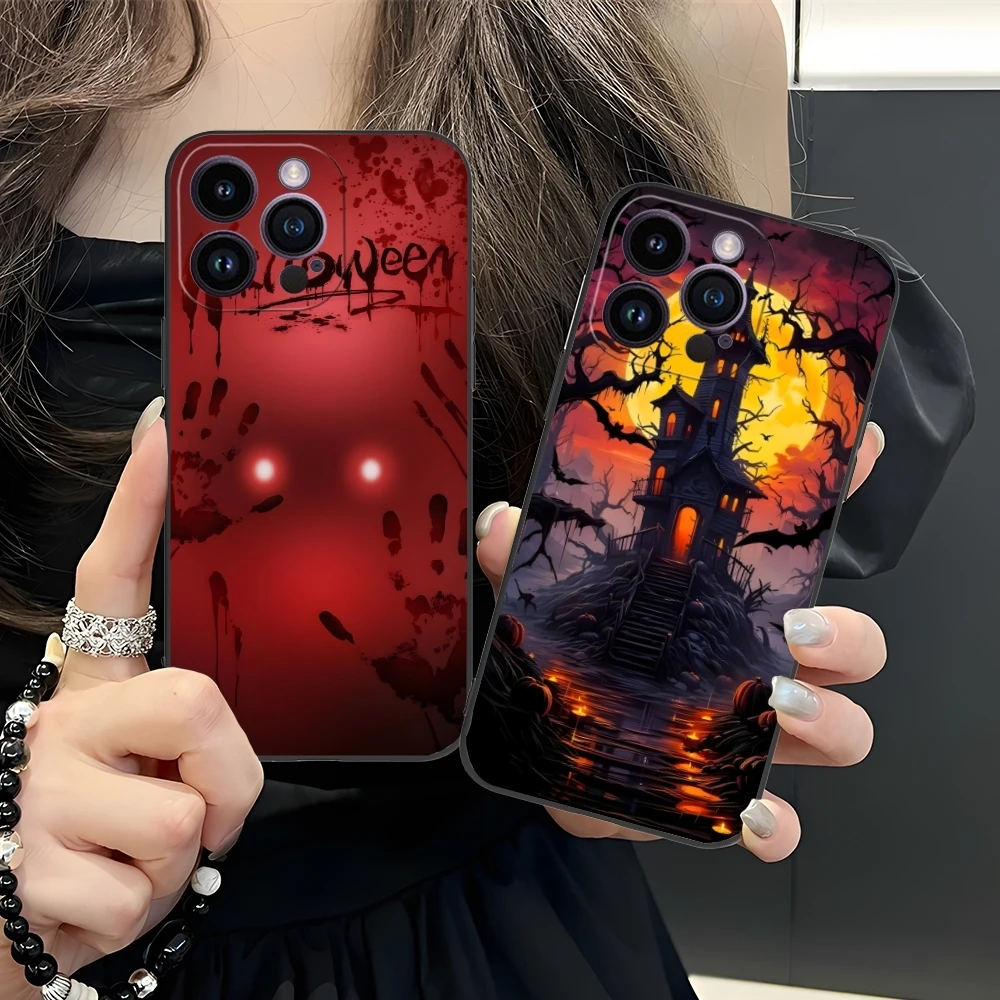 Halloween Pumpkin Mobile Cell Phone Case for iPhone 16 15 14 13 12 11 X XR XS 8 7 Pro Max Plus Mini Black Soft Phone Cover Shell