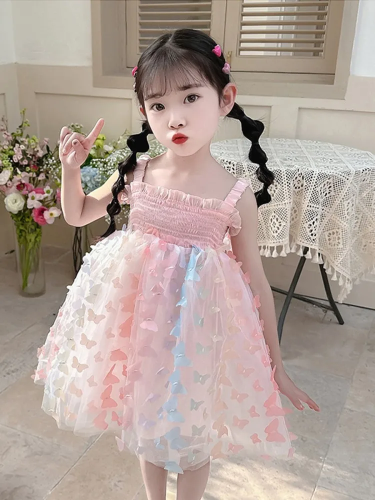 Big Butterfly Decoration Gauze Cotton Sling Dress Stereoscopic Kids Girs Vestido Summer Princess Wedding Birthday Party Dresses