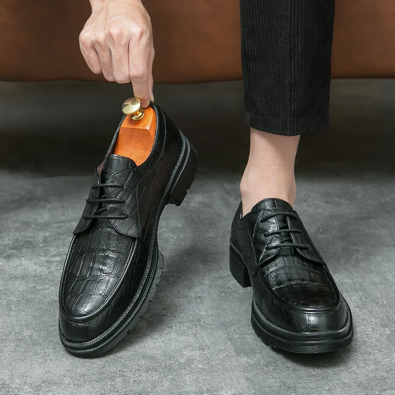 

High end square toe thick soled loafers with metal height increase business formal attire trendy office suits work derby shoes