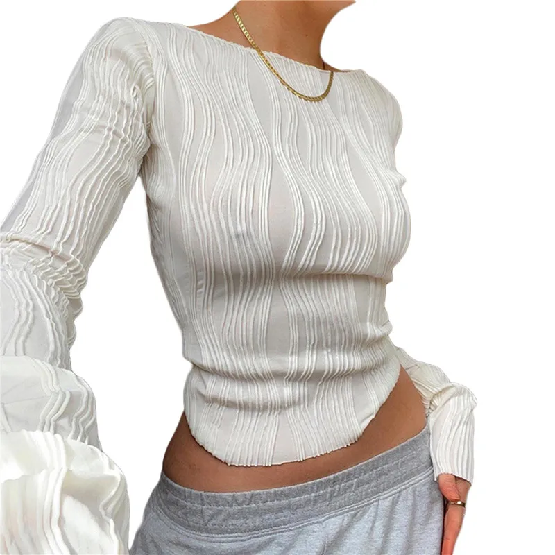 Women Textured Skinny Basic Cropped Long Sleeve Tops Slim Fitted Pleated Ruched Crewneck Sexy Tee Pullover Shirts Y2k Streetwear