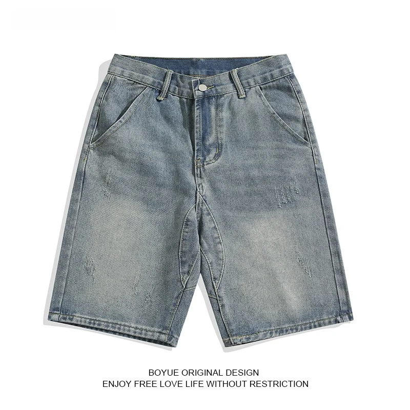 

Boyue American Sle Heavy Du Worn out Waed Denim orts Trendy High Street Straight Leg Five Inch Pants for Teens