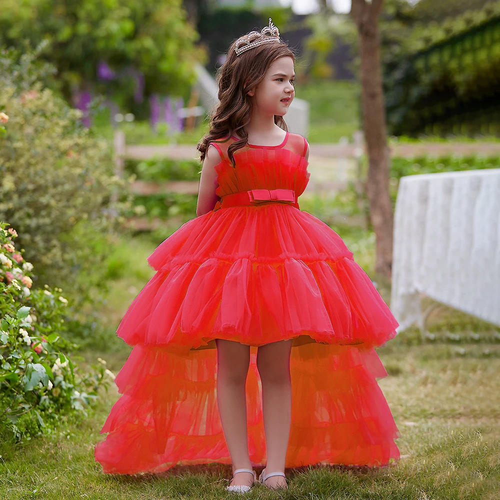 

Elegant Trailing Baptism Party Baby Girls Dresses Tulle Princess Wedding Birthday Bridesmaid Dress Kids Bow First Communion Gown