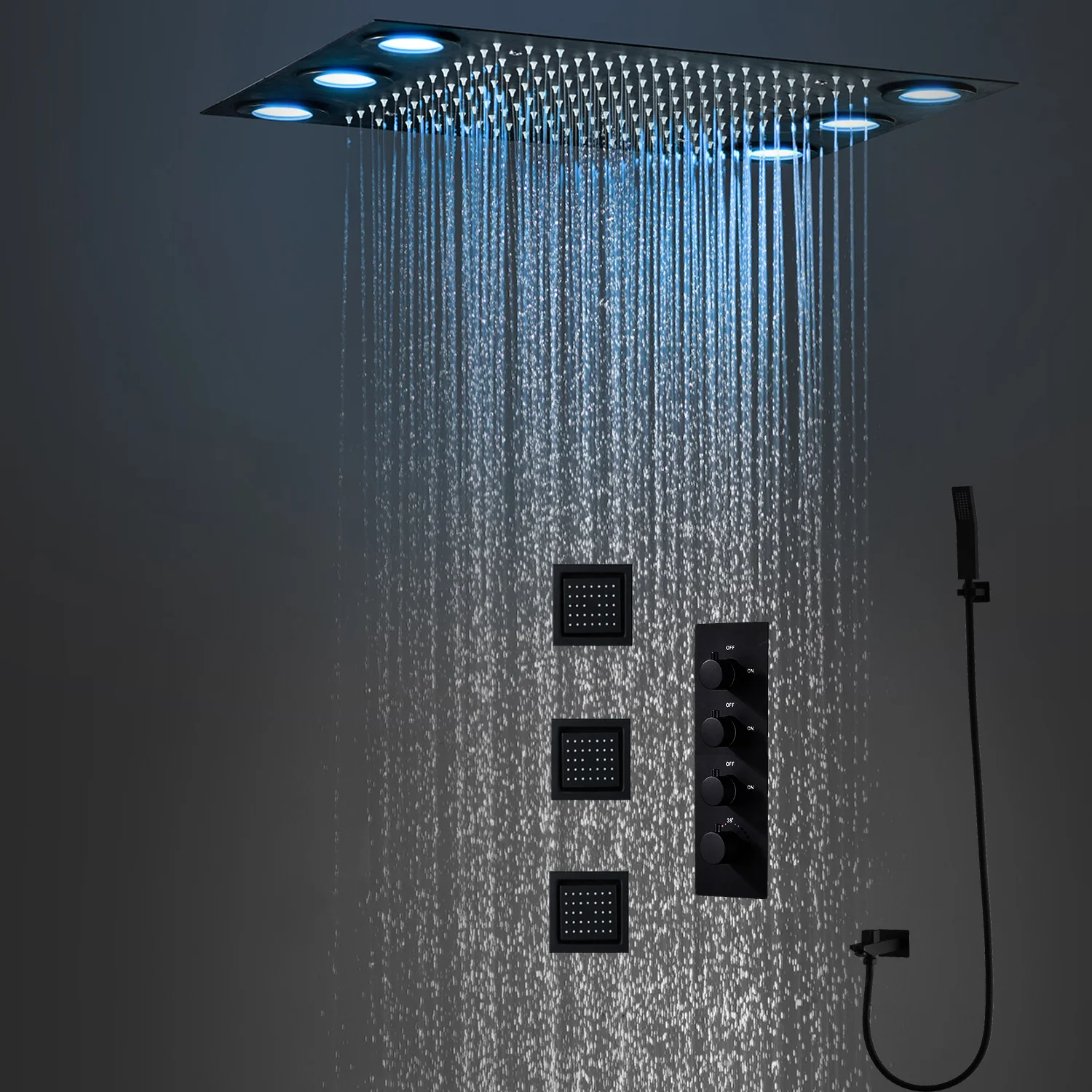 

hm High Quality Bathroom Black Rain Showerhead Panel 20X14Inch LED Shower Set Thermostatic Diverter With Body Jet Faucet System