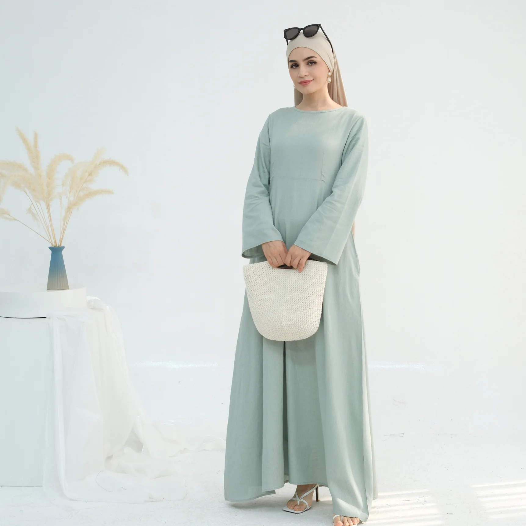 

Однотонное льняно-хлопковое мусульманское платье, женское платье Абая Химар Джилбаб Kebaya, кафтан, халат 2026, платья для хиджаба Ид, Рамадан, кимоно, исламская одежда