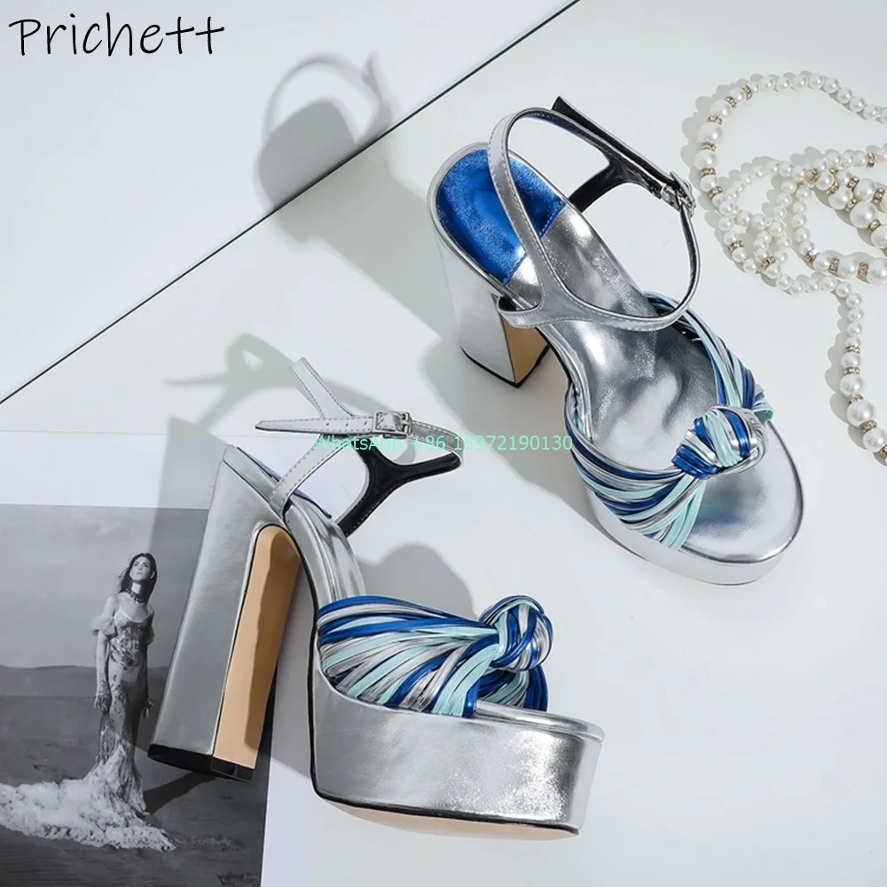 Twist Mixed Color Sandals Platform Chunky Heels Peep Toe Narrow Band Sandals Silvery Blue Weave Roman Style Ladies Runway Shoes