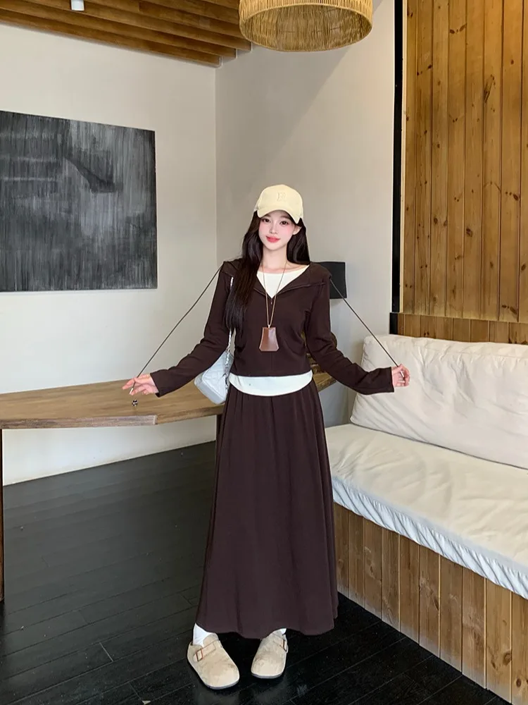 

plus Size Women's Casual Long Sve T-irt And A-Line Skirt Set Spring Faion Anti-Aging Hoodie Comfortable Ensemble