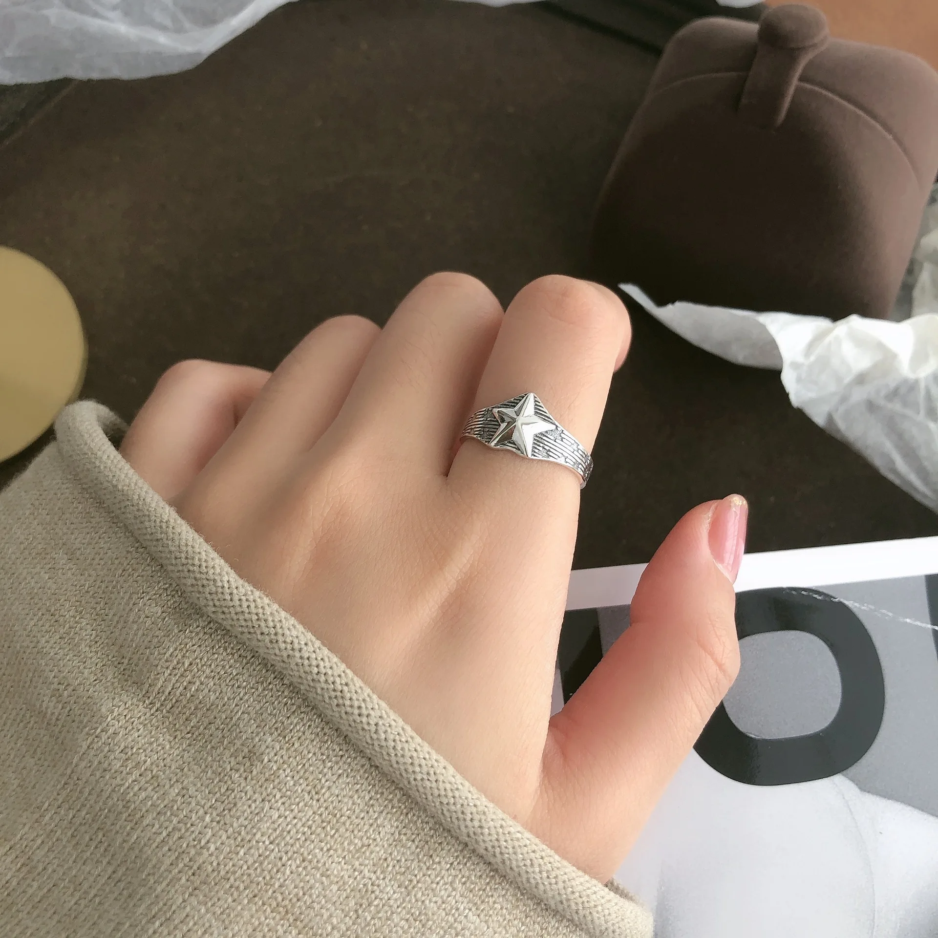 

925 Sterling Silver SIimple Punk Rings For Couples Creative Star Design Geometric Fine Party Jewelry Birthday Gifts