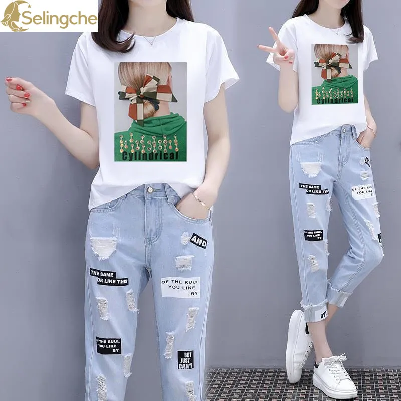 

Spring/Summer 2024 New Korean Printed Short Sleeved T-shirt+distressed Cropped Jeans Age Reducing Two-piece Set