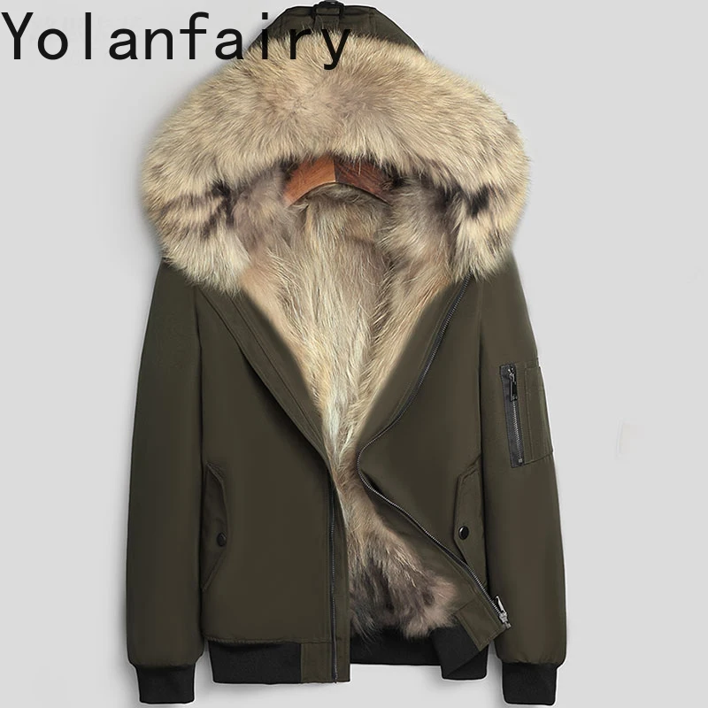 

YOLANFAIRY Мужская короткая парка, зимняя меховая цельная модная молодежная стильная мужская меховая куртка на молнии с капюшоном из енота 2025