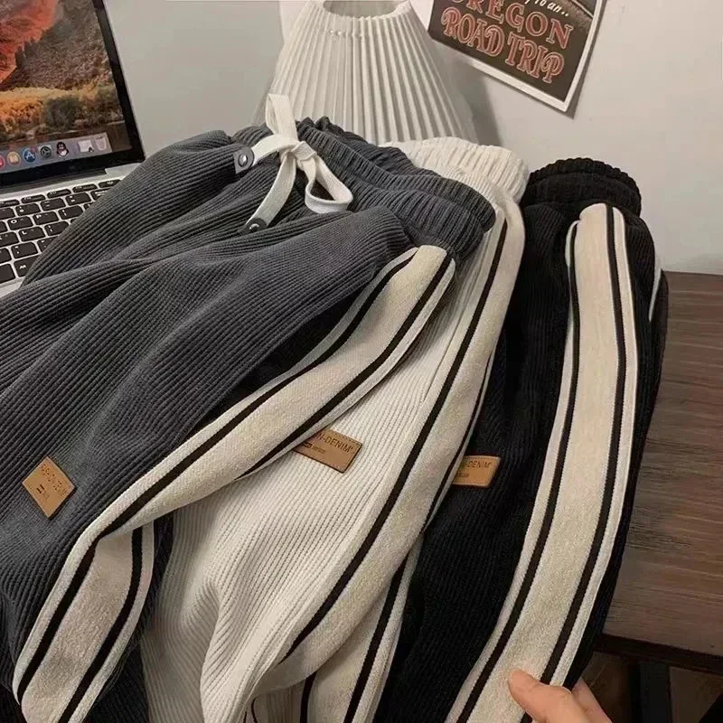 

LIBIELIY 2024 Corduroy Striped Sweatpants Women Streetwear Thick Wide Leg Pants Y2K Harajuku High Waist Joggers Korean Baggy Tr