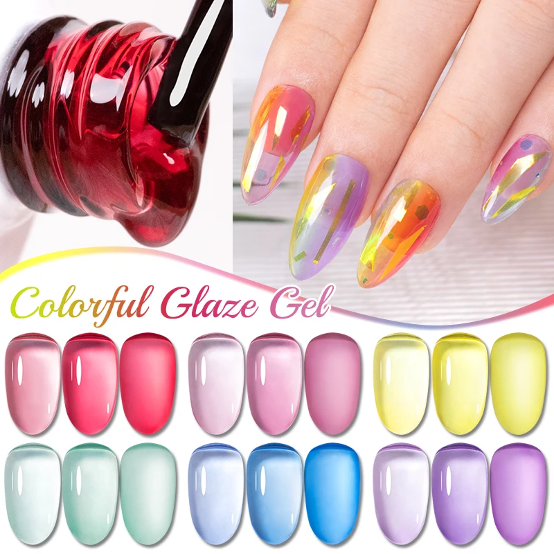 PUENTE 6 Pcs/Set Jelly Glass Gel Nail Polish Translucent Colorful Glaze Gel For Manicure Soak Off UV Gel Semi-Permanent Varnish