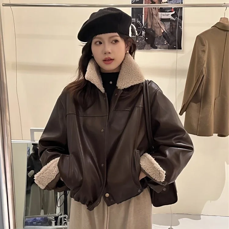 Fashion Short Women's Leather Jacket Coat Turn-down Collar Cotton-filled Faux Fur Collar Versatile Spring Ins Style PU Material