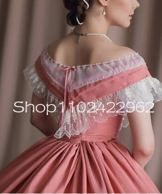 Peach Pink White Victorian Evening Dresses vintage Lace Scarlett Civil War Cosplay Halloween Lolita bustle prom gown