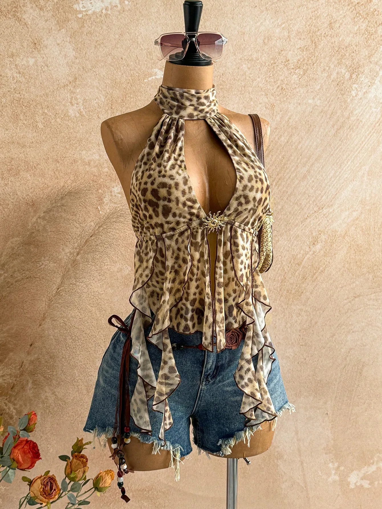Stylish Lady Leopard Print Halter Camisole Tops 2026 Women Sheer Mesh Ruffle Front Tie Back Summer Sexy Club Street Tops Tees