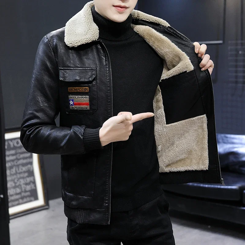Faux Leather Jacket Men Fashion Badge Patches Male Thicken Pu Jackets Winter Fur Collar Plush Lining Motorcycle Moto Coat Men