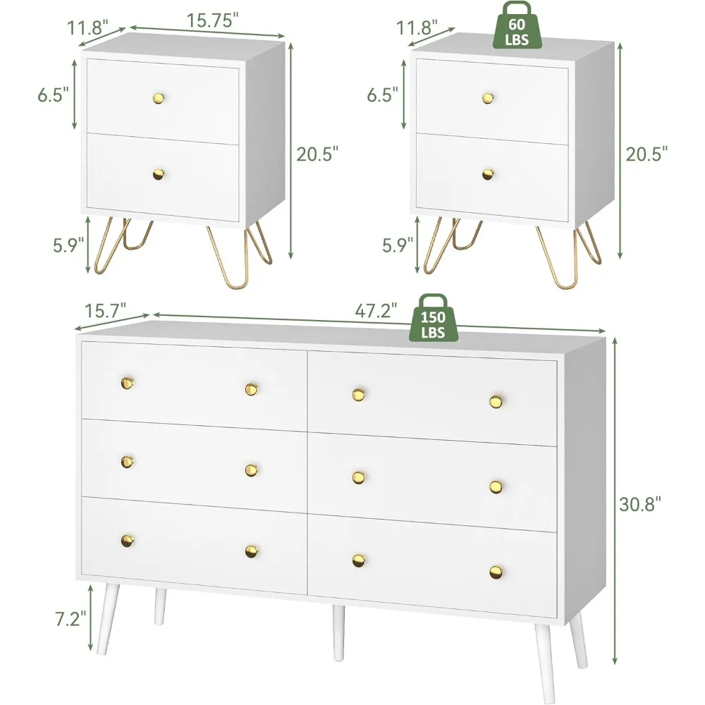 Customizable 6 Drawer Dresser and Nightstand Sets foPcs Bedroom Set, Night Stand Set of 2 & 6 Drawer Dresser with G