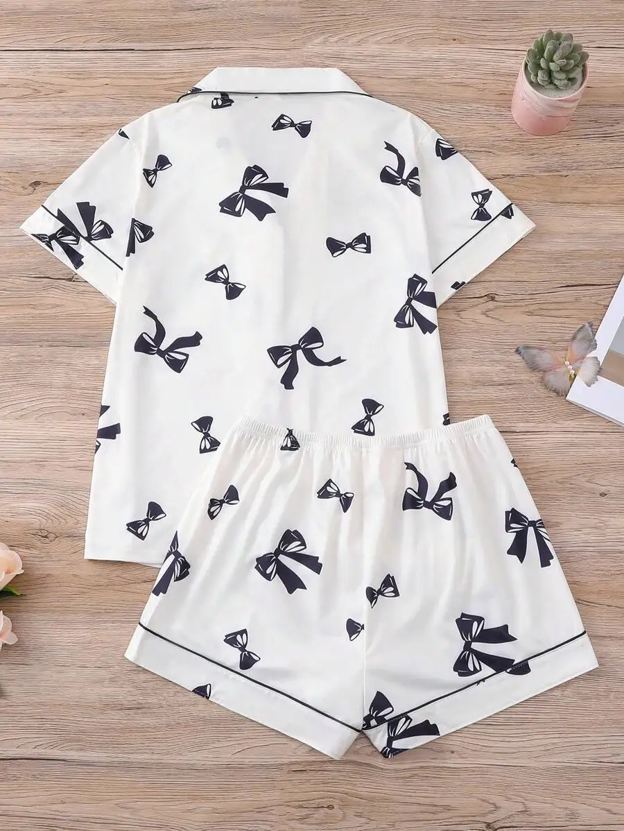 

Women Bowknot Print Short Sleeve Lapel Pajama Set Loose Elastic Shorts Sleepwear Homewear
