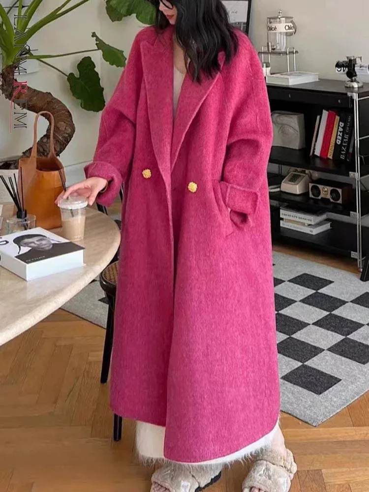 

LANMREM Fashion Double Sided Wool Long Coat Women Notched Collar Double Breasted Solid Color Clothing Winter New 2VV104