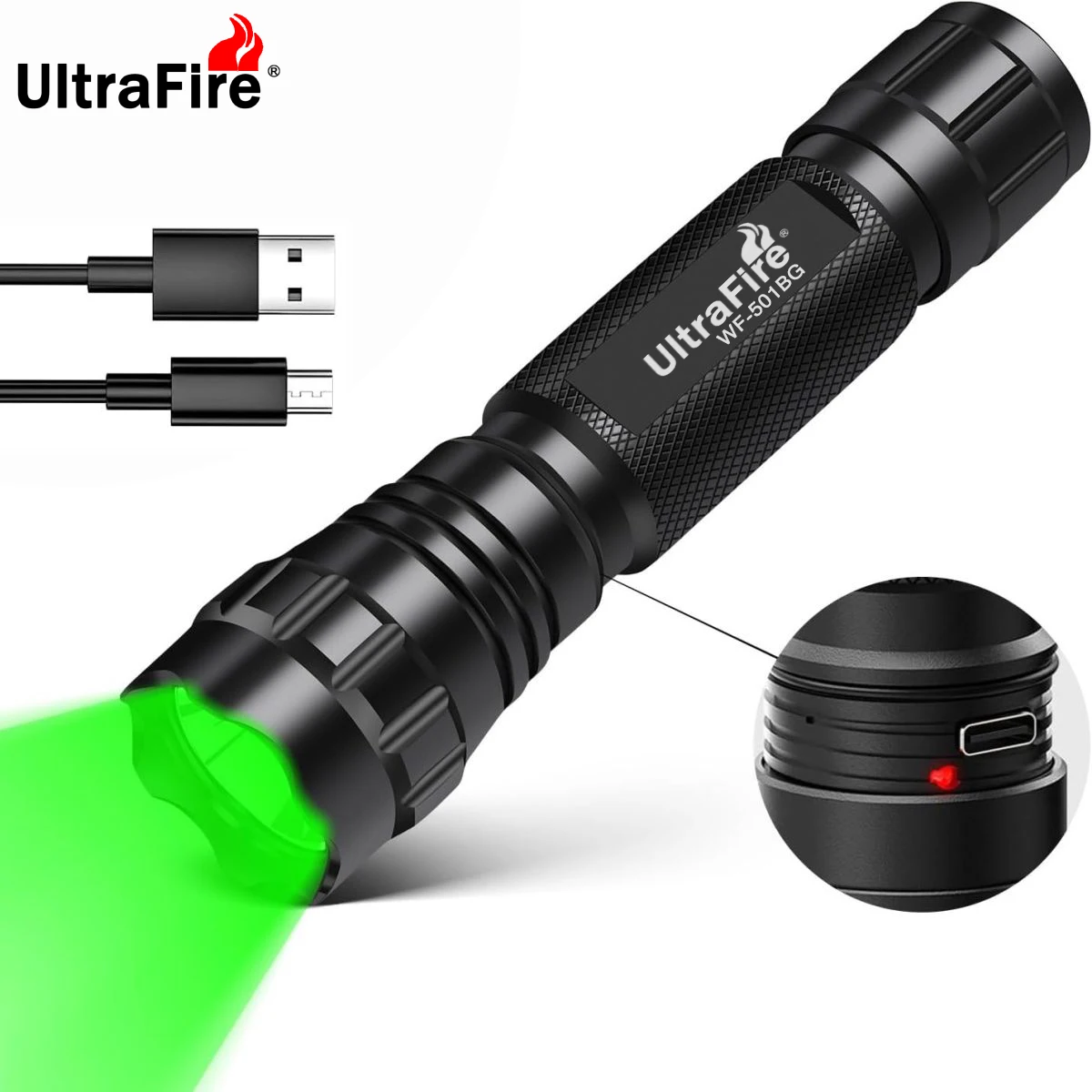 UltraFire WF-501BG Green Hunting Flashlight USB Type-C Rechargeable Tactical Torch Light Predator Light for Coyote Hog Varmint