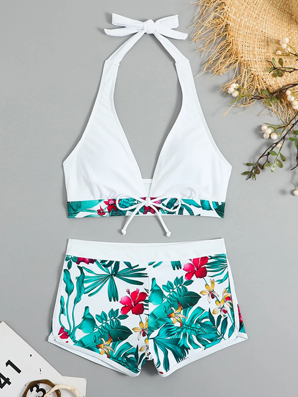 Halter Bikini Set 2024 Short Swimsuit Women High Waist Swimwear Female Printed Bathers Bathing Swimming Suit Beachwear Summer