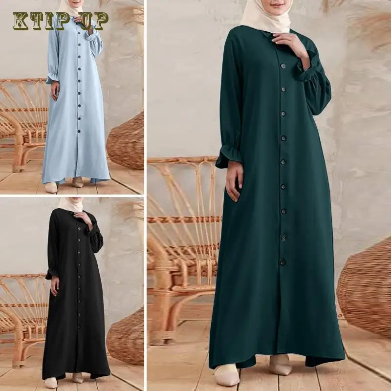 Ramadan Muslim Modest Dress for Women Elegant Arabic Female Dubai Abaya Eid Islamic Cardigan Round Neck Long Robe Turkey Clothes