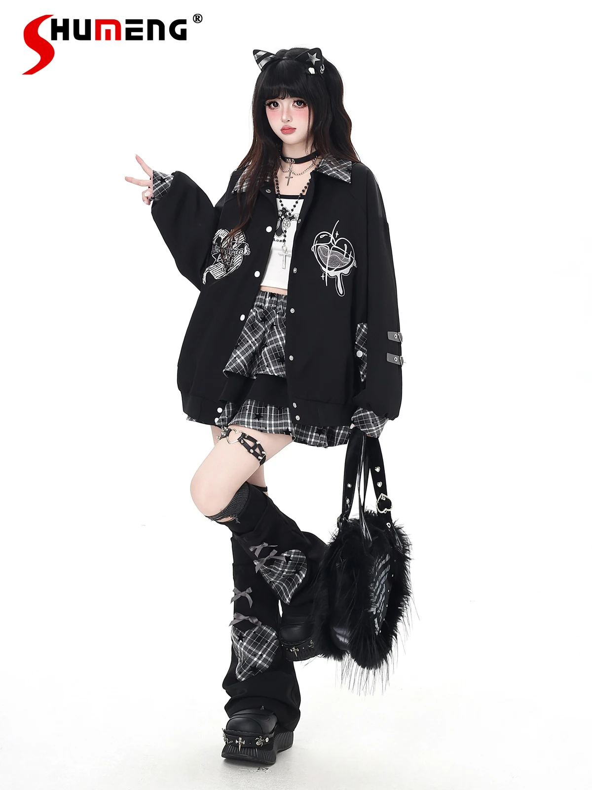 

Japanese Sweet Cool Girl Subculture Baseball Jacket Embroidered Plaid Collar Single-Breasted Casual Versatile Short Jacket Women