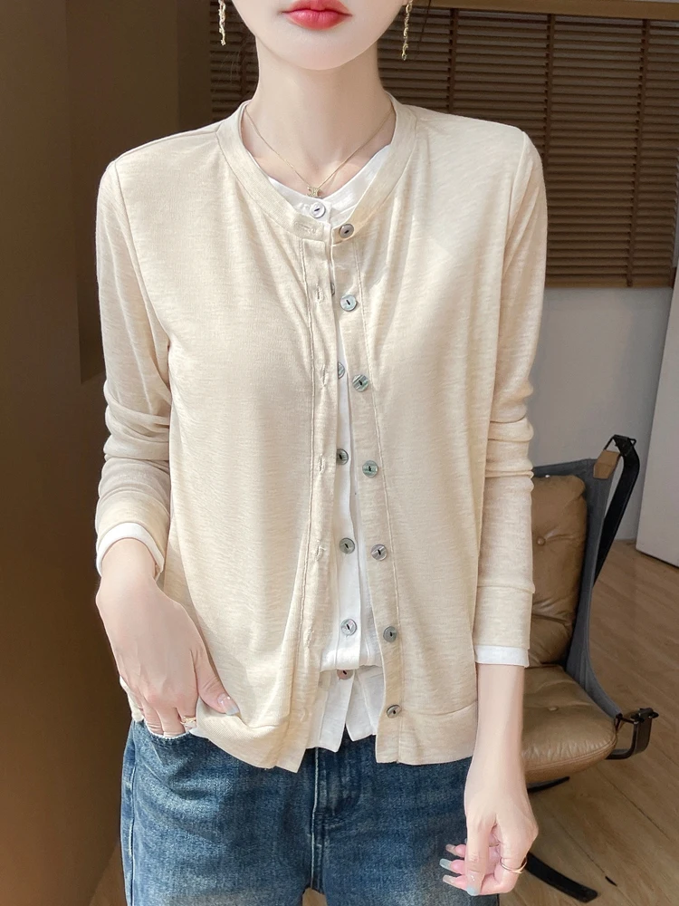 2025 Nuova Primavera Estate Fine Filato Cardigan Sottile O-Collo Lavorato a Maglia Falso in Due Pezzi Manica Lunga Vestiti da Donna Moda Elegante Magliette E Camicette