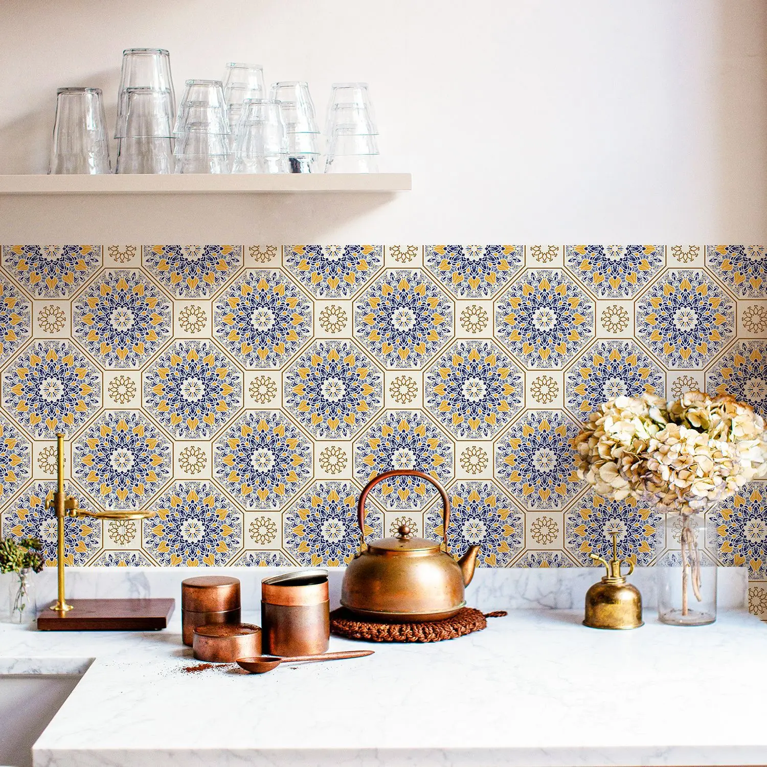 Boho Contact Paper Peel and Stick Wall Paper for Bathroom Waterproof Shower Wall Covering Moroccan Tiles Wallpaper for Kitchen