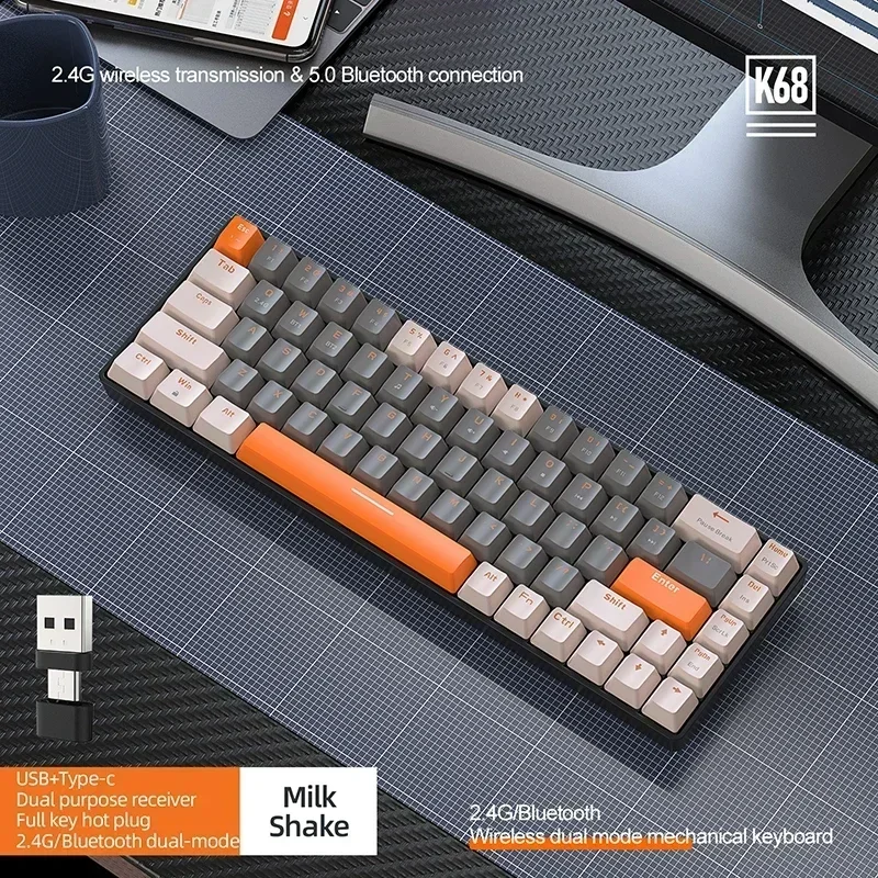 Mechanical Keyboard PBT Keycaps K68 2.4G/BT5.0 Wireless Gaming Mechanical Keyboard 68 Keys Hotswap Mini Gaming