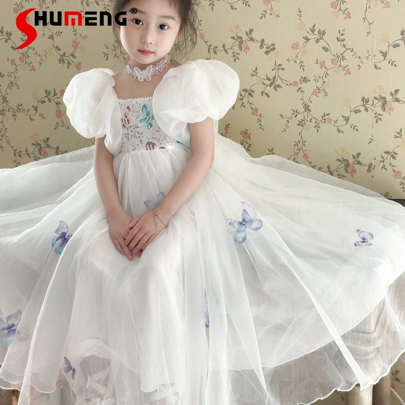 

Белое платье с пышными рукавами для девочек, детское платье принцессы для дня рождения, платье с коротким рукавом и принтом бабочек, модное платье для детей