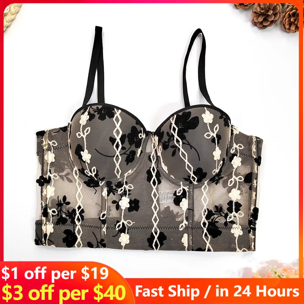 

Sexy Fashion Lace Suspender Vest Black Embroidery Top See-Out Flower Velvet Corset Woman Small Fishbone Bra Retro Gothic Clothes