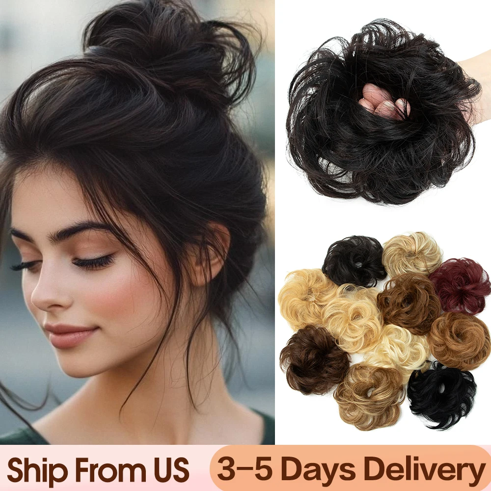 Balayage Blonde Natural Look Messy Bun Hair Extension Curly Bun Hairpiece Human Hair Updo Bun Flexible Elastic Band Chignon