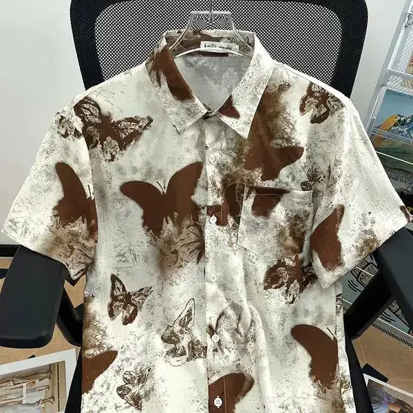 Camisa feminina solta de manga curta com design de borboleta americana retrô verão top moderno