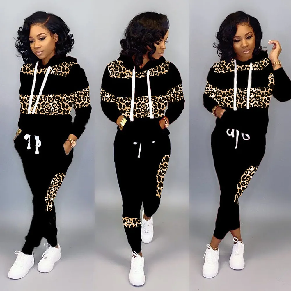 Two Piece Sets Women Pant Set Leopard Print Hoodies Sweatshirts Full Sleeve Tops Long Pants Lace Up Elastic Waist Autumn