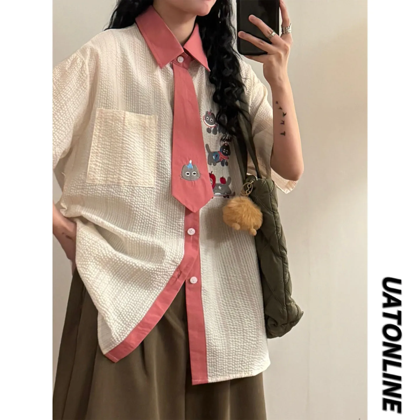 

UATONLINE2026 Summer American Retro College Sle Color Blo Embroidery Women's ort Sve irt Trendy Streetwear