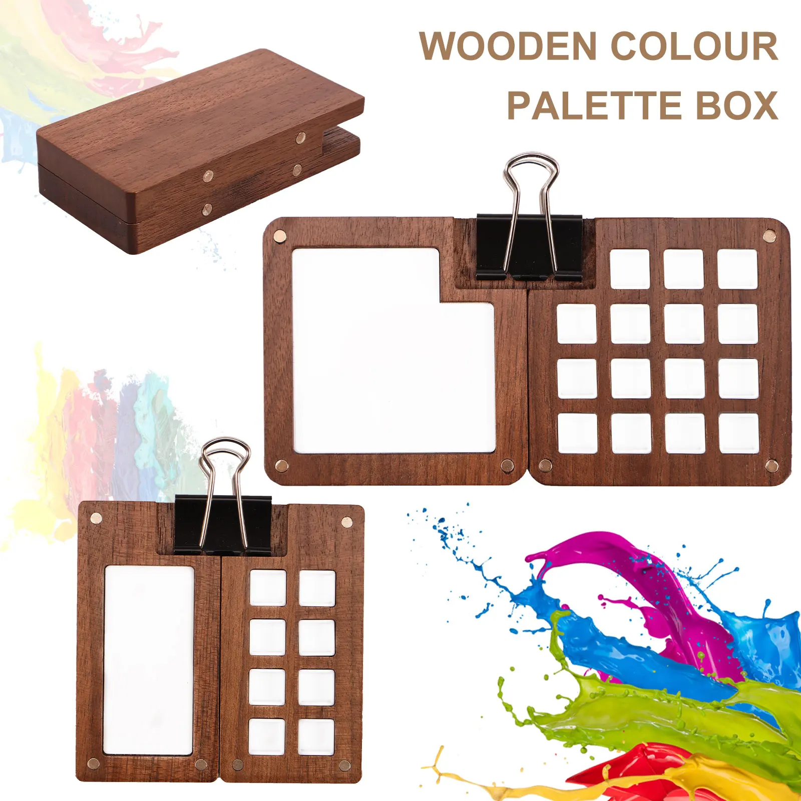 Portable Sketchbook Palette Wooden Mini Travel Paint Palette with Clip 8/15 Grids Magnetic Colour Palette Box Reusable