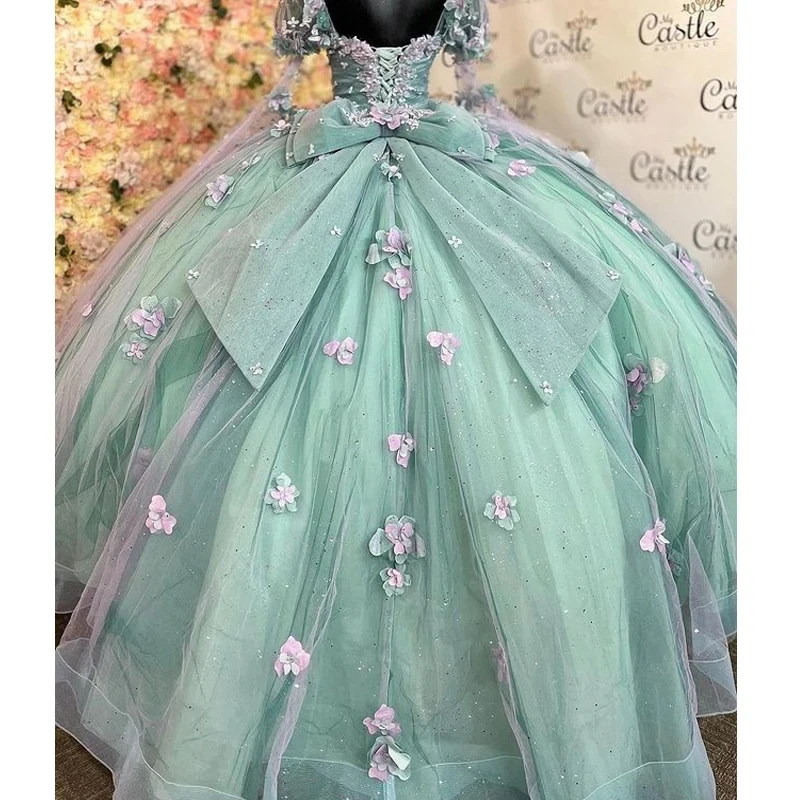 Customized Mint Blue Quinceanera Dresses 2024 Half Sleeve Ball Gown Appliques Beading Sweet 16 15 Vestidos De Fiesta YQD239