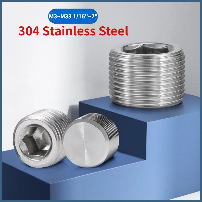 M3-M33 Metric PT/NPT/G 1/16~2 Inch 304 Stainless Steel Inner Hexagon Pipe Connector Male Thread Countersunk End Plug