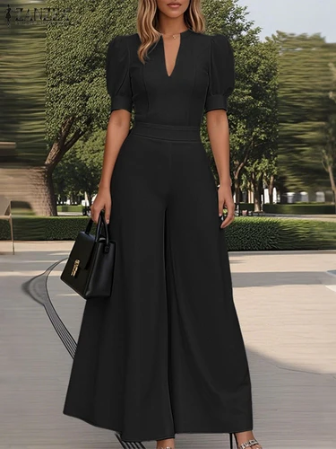 Imagen 2 del producto ZANZEA, ropa de calle elegante, conjuntos de pantalones de pierna ancha, blusas de manga corta abombada con cuello en V, trajes de dos piezas a la moda para mujer, conjuntos de 2 piezas