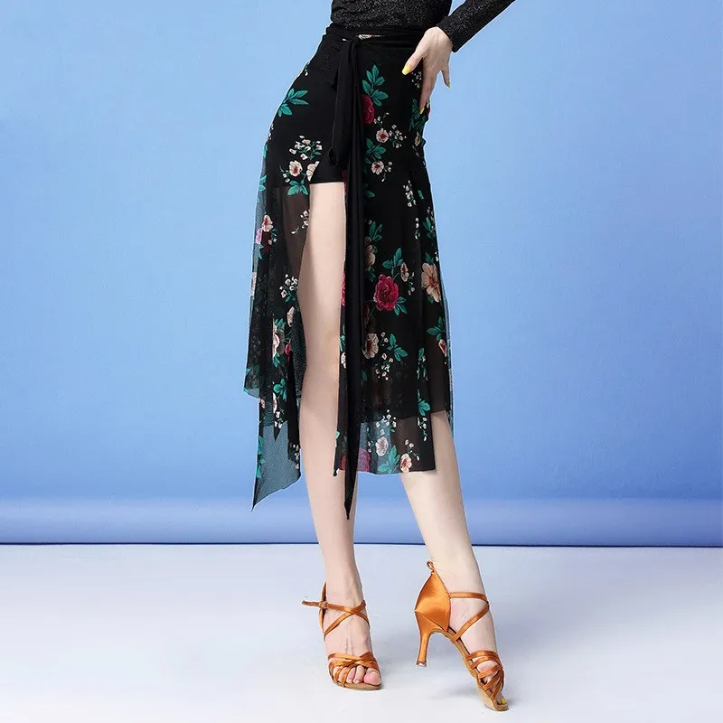 ห้องบอลรูมเต้นรําละตินกระโปรง Tango Slasa Wrap เข็มขัด Dancer Practice Performance ผ้าพันคอสะโพกพิมพ์ลายดอกไม้สีสันสดใสกระโปรงตาข่ายเซ็กซี่