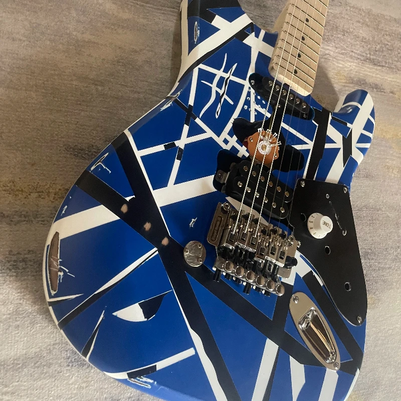 Blue White Abstract Geometric Striped STS Electric Guitar Double Lock Tremolo System HH+SSS Mixed Pickups Rock Free Shipping